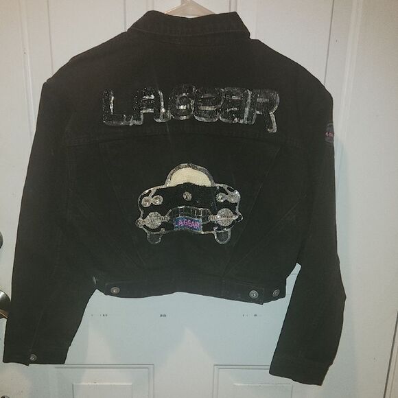VINTAGE LA GEAR Black Denim Crop Jacket with Sequin Car Design - Picture 1 of 6
